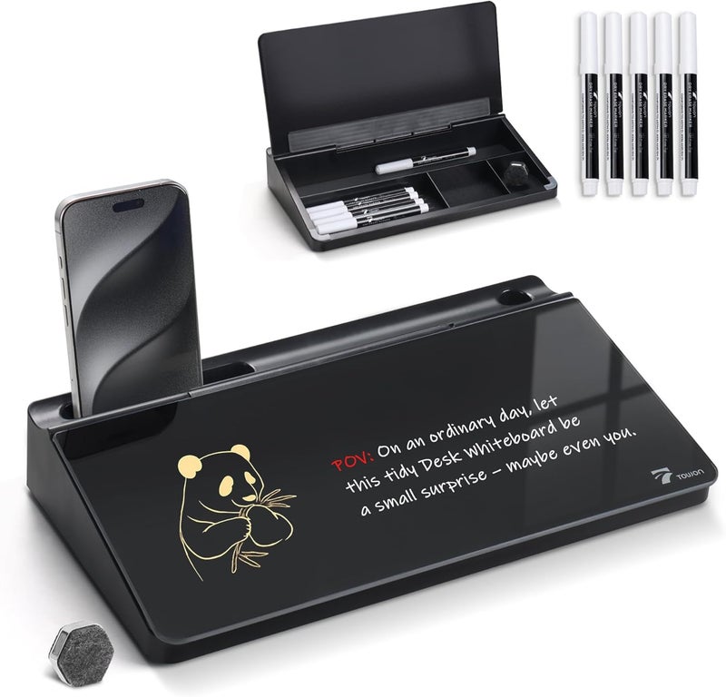 TOWON Small Compact Glass Desktop Whiteboard with Storage – 12 x 7 in Dry Erase Board for Desk, Home Office, School | Includes 5 Markers, Eraser & Holder | Space-Saving Organizer, Aesthetic Black - Image 1